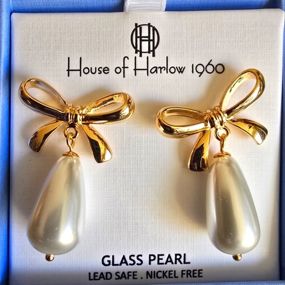 House of Harlow 1960 Earrings Glass Pearl Drop Bow Gold Dangle - Picture 4 of 4